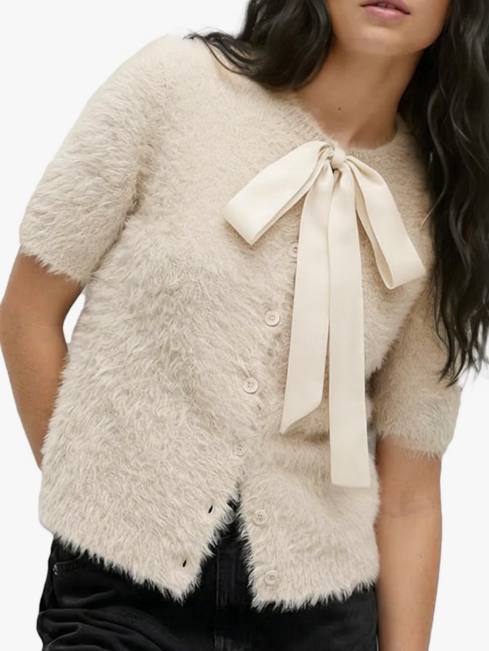 Feminine Cream Bow-Tie Short-Sleeve Fuzzy Cardigan